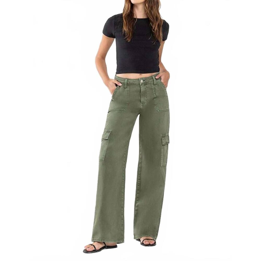 NEW VERVET BY FLYING MONKEY high rise utility cargo wide leg jeans in thyme